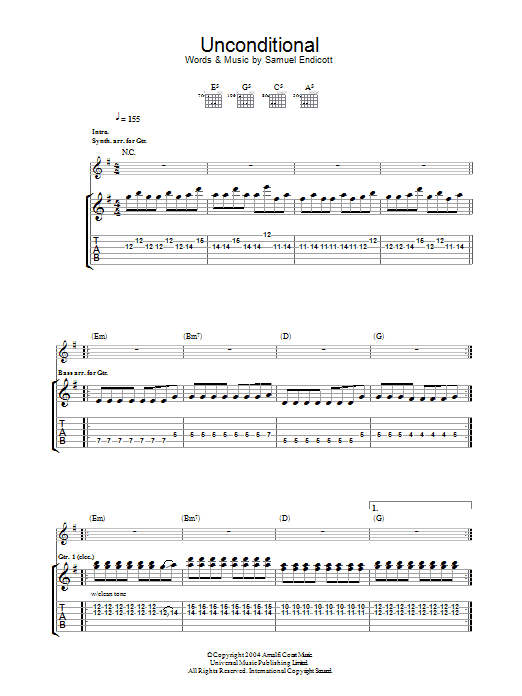 The Bravery Unconditional sheet music notes and chords arranged for Guitar Tab