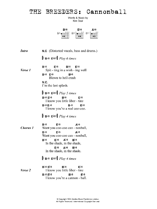The Breeders Cannonball sheet music notes and chords arranged for Guitar Chords/Lyrics