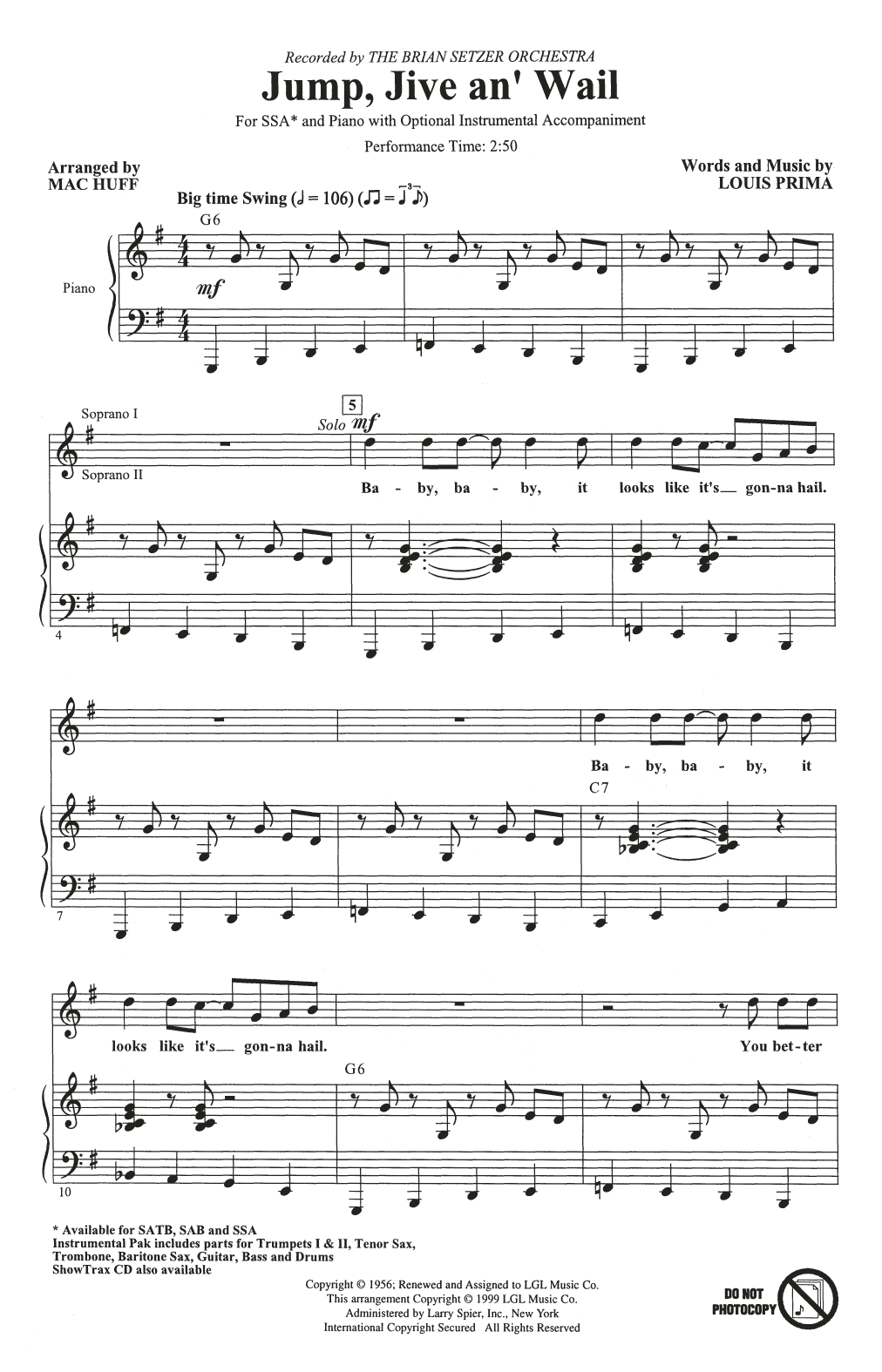 The Brian Setzer Orchestra Jump, Jive An' Wail (arr. Mac Huff) sheet music notes and chords arranged for SSA Choir