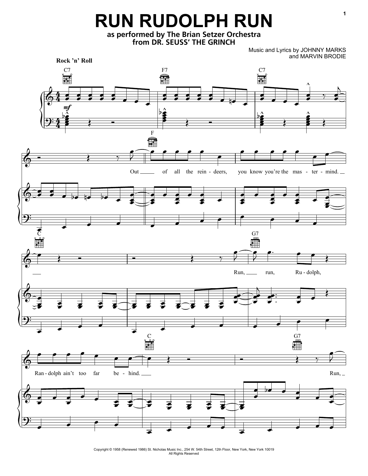 The Brian Setzer Orchestra Run Rudolph Run (from The Grinch) sheet music notes and chords arranged for Piano, Vocal & Guitar Chords (Right-Hand Melody)