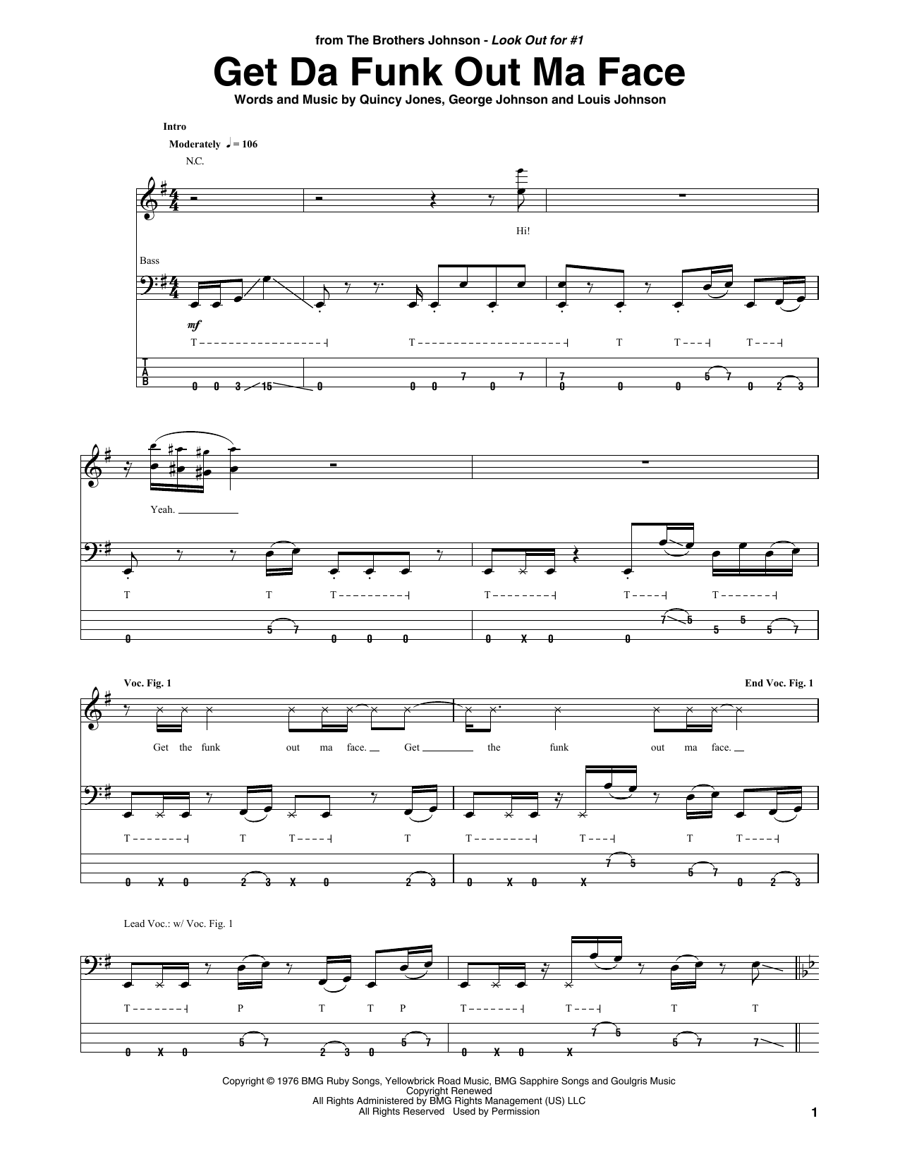 The Brothers Johnson Get Da Funk Out Ma Face sheet music notes and chords arranged for Bass Guitar Tab