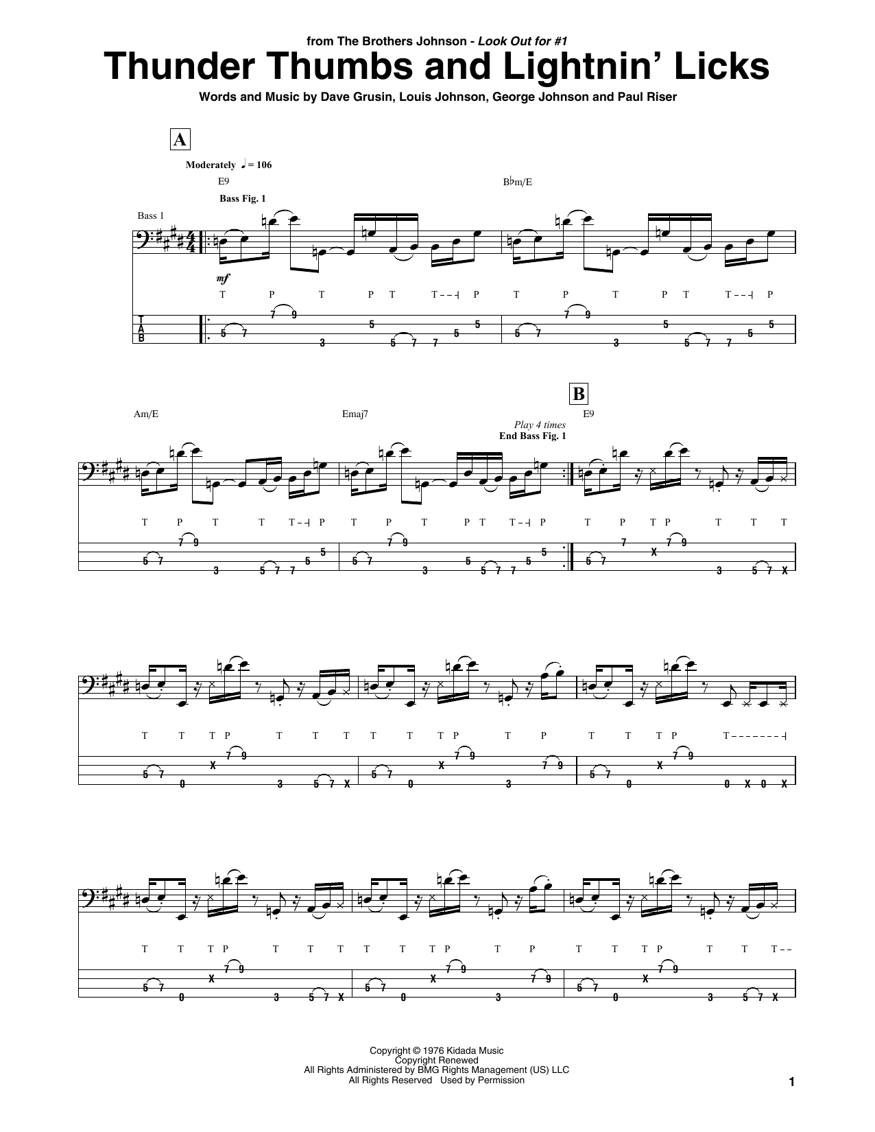 The Brothers Johnson Thunder Thumbs And Lightnin' Licks sheet music notes and chords arranged for Bass Guitar Tab