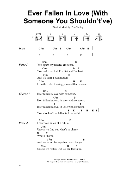 The Buzzcocks Ever Fallen In Love (With Someone You Shouldn't've) sheet music notes and chords arranged for Piano, Vocal & Guitar Chords