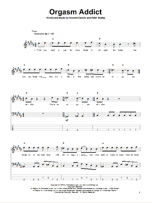 The Buzzcocks Orgasm Addict sheet music notes and chords arranged for Bass Guitar Tab