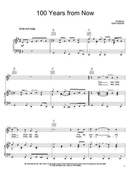 Gram Parsons 100 Years From Now sheet music notes and chords arranged for Piano, Vocal & Guitar Chords (Right-Hand Melody)