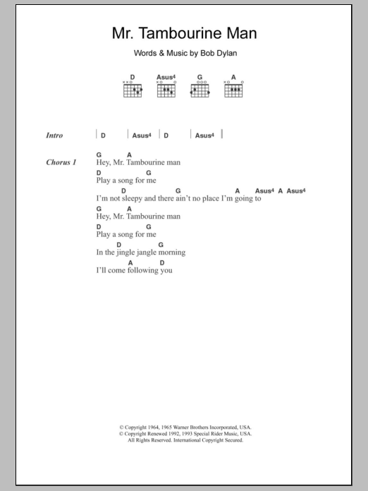 The Byrds Mr. Tambourine Man sheet music notes and chords arranged for Guitar Chords/Lyrics