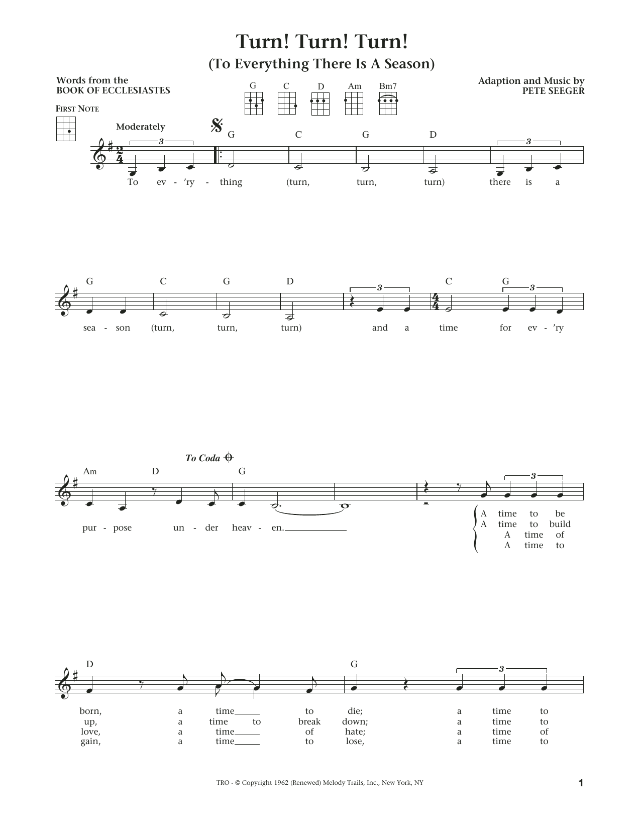 The Byrds Turn! Turn! Turn! (To Everything There Is A Season) (The Daily Ukulele) (arr. Liz and Jim Beloff) sheet music notes and chords arranged for Ukulele