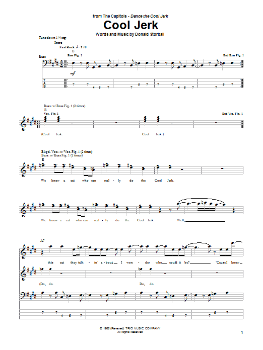 The Capitols Cool Jerk sheet music notes and chords arranged for Bass Guitar Tab