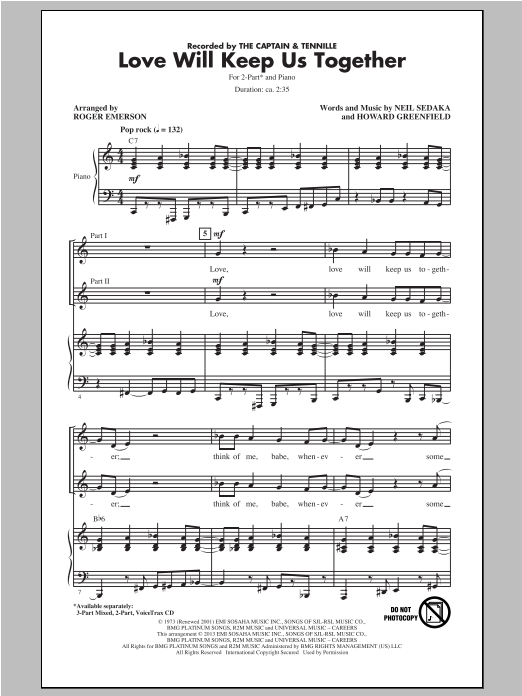 The Captain & Tennille Love Will Keep Us Together (arr. Roger Emerson) sheet music notes and chords arranged for 2-Part Choir