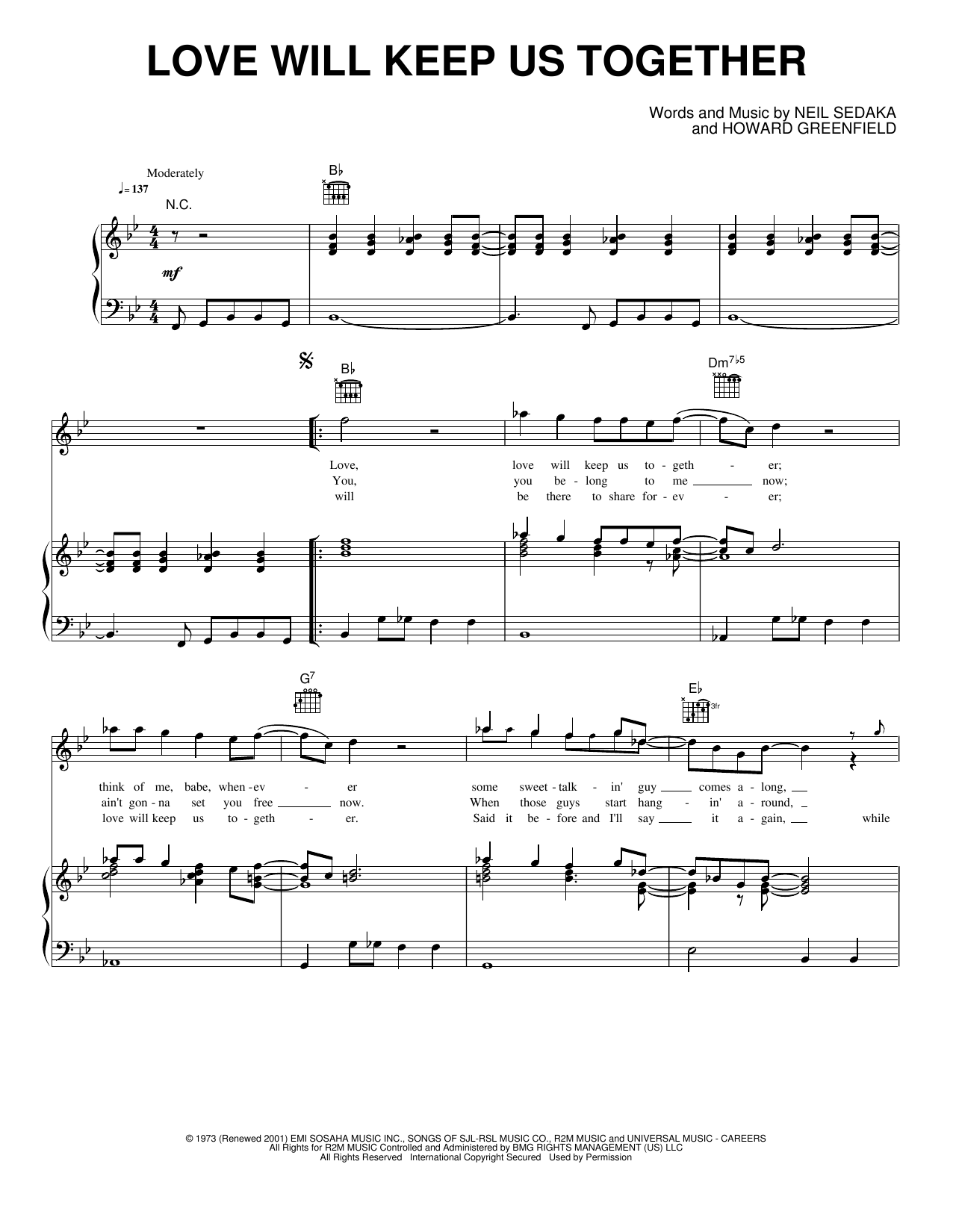 The Captain & Tennille Love Will Keep Us Together sheet music notes and chords arranged for Easy Lead Sheet / Fake Book