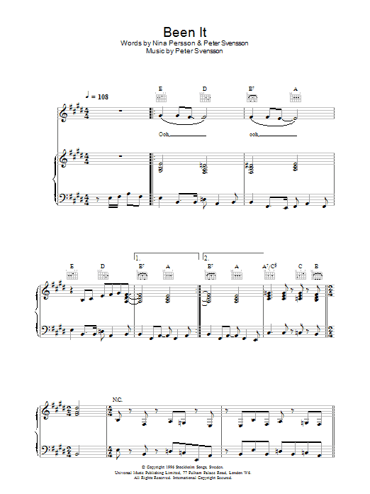 The Cardigans Been It sheet music notes and chords arranged for Piano, Vocal & Guitar Chords