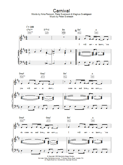 The Cardigans Carnival sheet music notes and chords arranged for Piano, Vocal & Guitar Chords