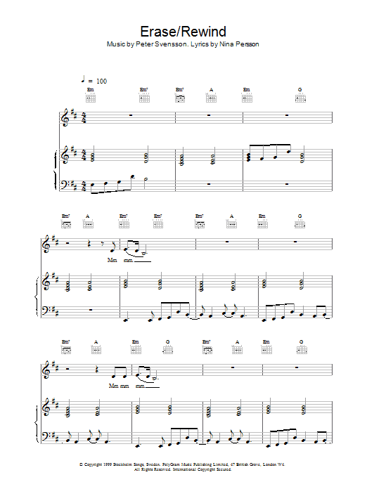 The Cardigans Erase / Rewind sheet music notes and chords arranged for Piano, Vocal & Guitar Chords