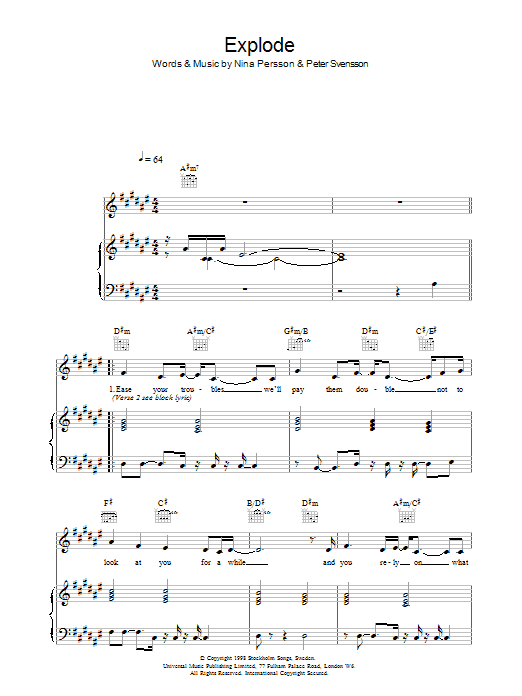 The Cardigans Explode sheet music notes and chords arranged for Piano, Vocal & Guitar Chords