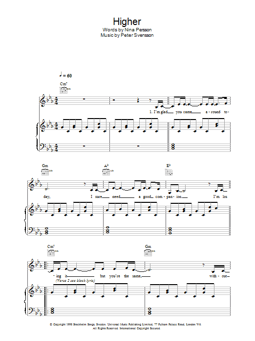The Cardigans Higher sheet music notes and chords arranged for Piano, Vocal & Guitar Chords