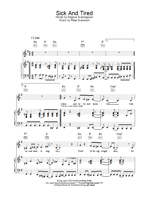 The Cardigans Sick And Tired sheet music notes and chords arranged for Piano, Vocal & Guitar Chords