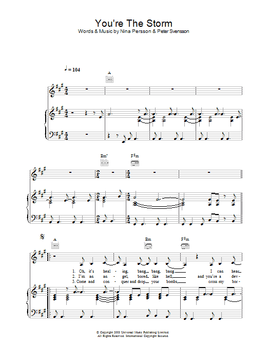 The Cardigans You're The Storm sheet music notes and chords arranged for Piano, Vocal & Guitar Chords