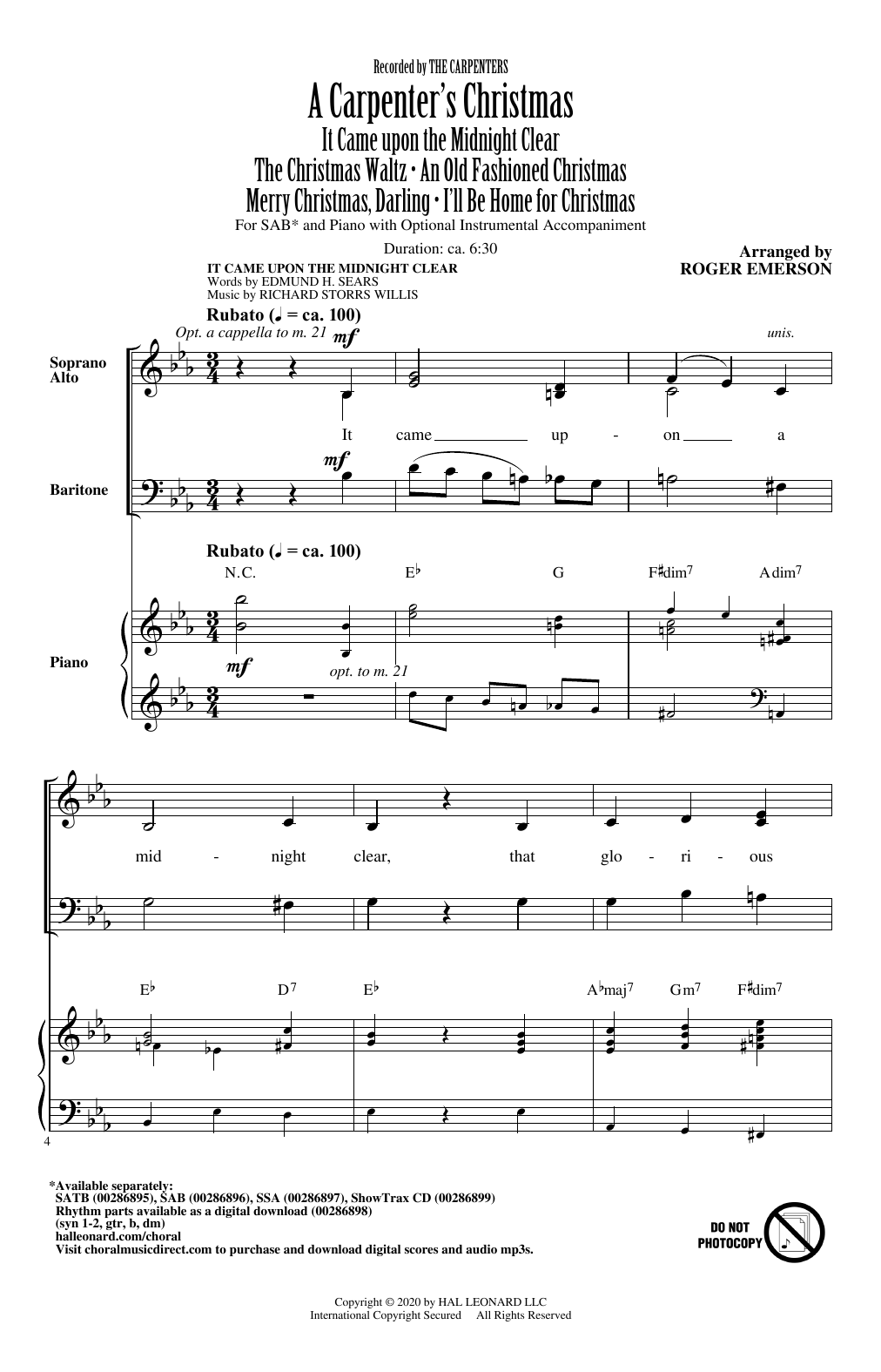 The Carpenters A Carpenter's Christmas (arr. Roger Emerson) sheet music notes and chords arranged for SSA Choir