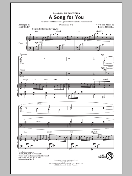The Carpenters A Song For You (arr. Mac Huff) sheet music notes and chords arranged for SATB Choir