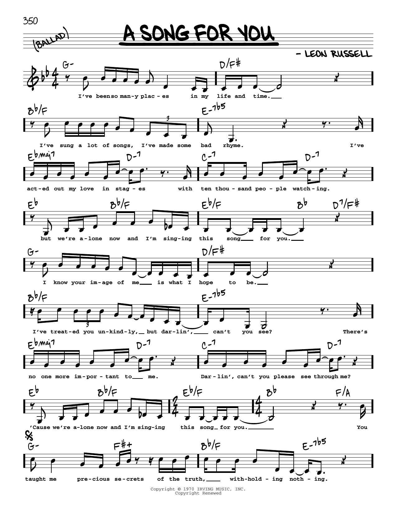 The Carpenters A Song For You (Low Voice) sheet music notes and chords arranged for Real Book – Melody, Lyrics & Chords