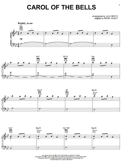 Carpenters Carol Of The Bells sheet music notes and chords arranged for Piano Solo