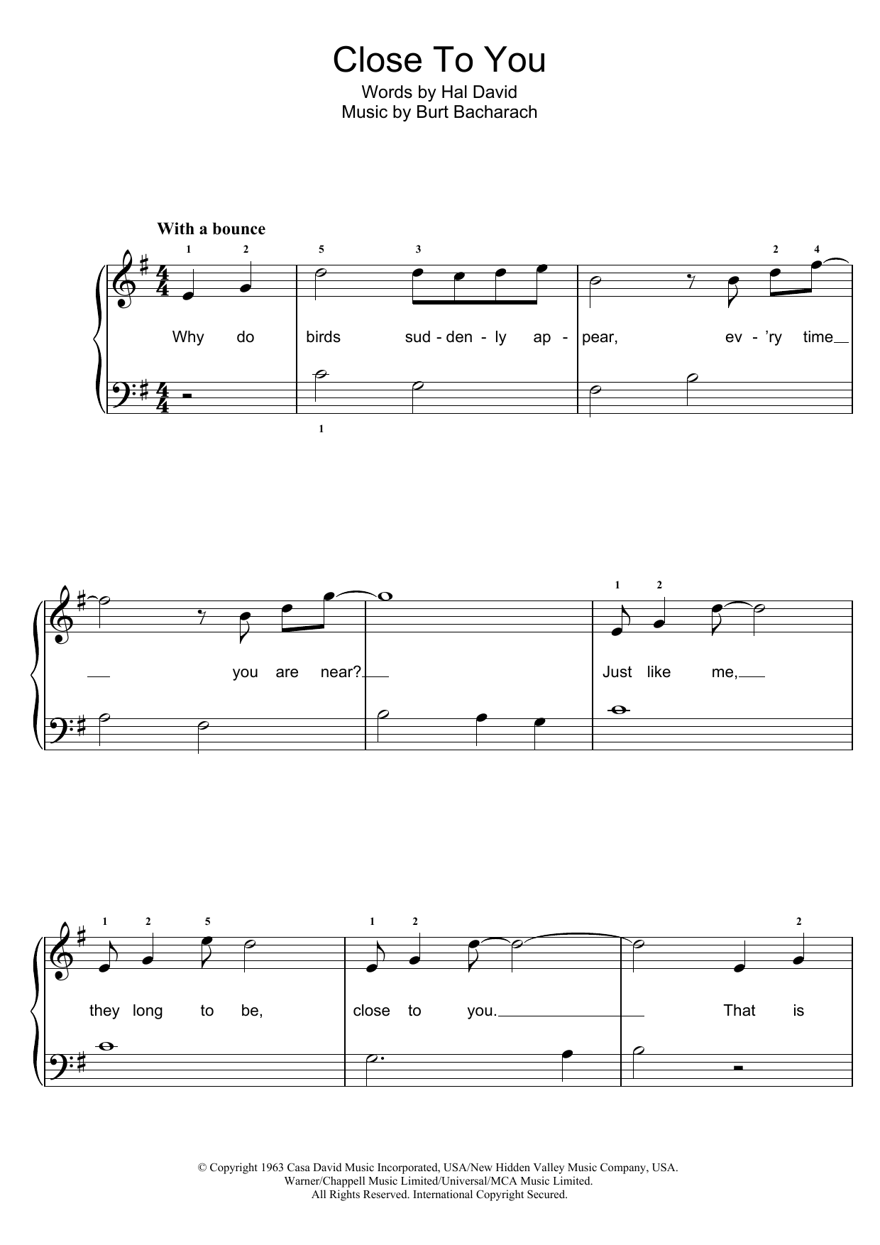 The Carpenters Close To You (They Long To Be) sheet music notes and chords arranged for Easy Piano