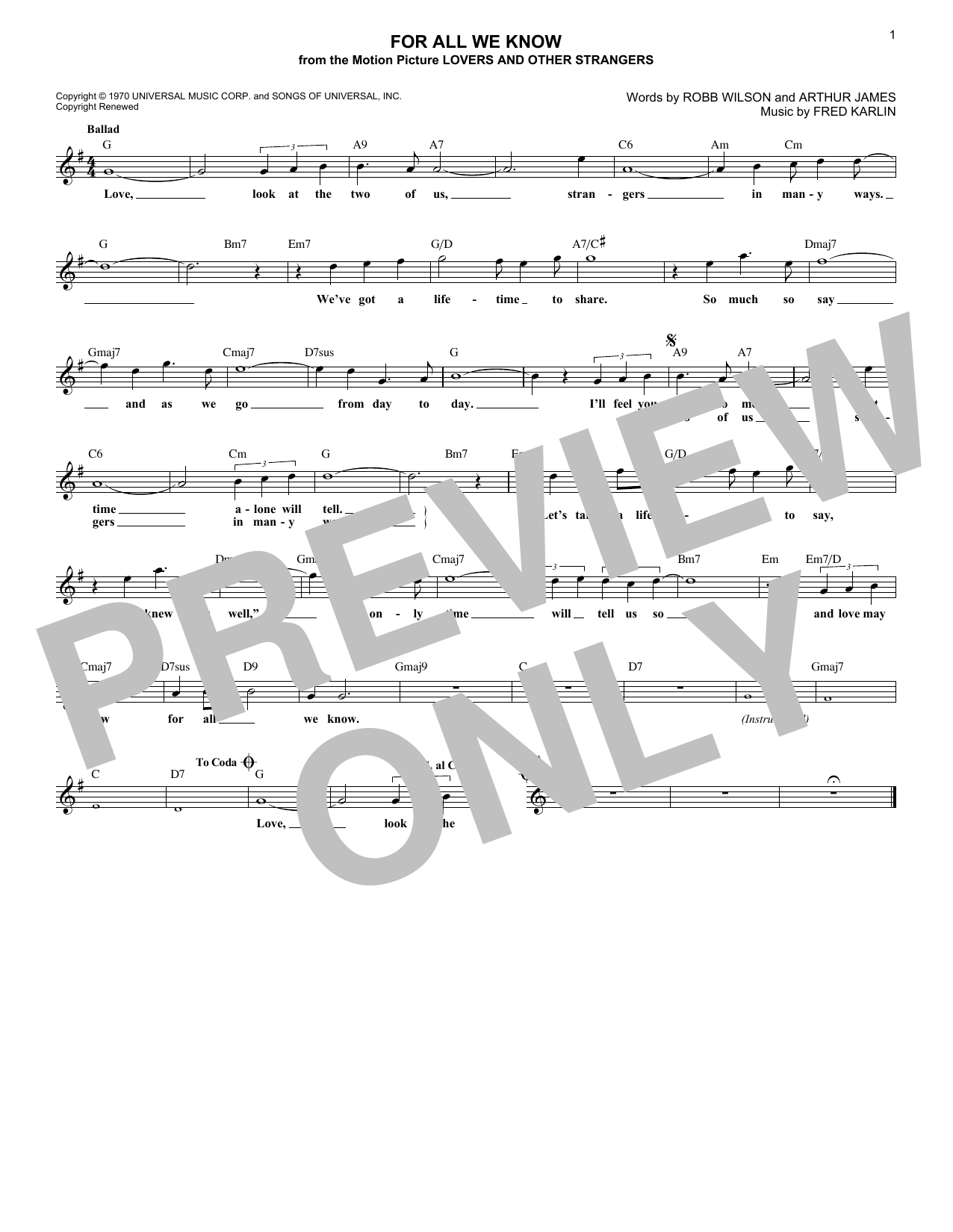 Carpenters For All We Know sheet music notes and chords arranged for Lead Sheet / Fake Book