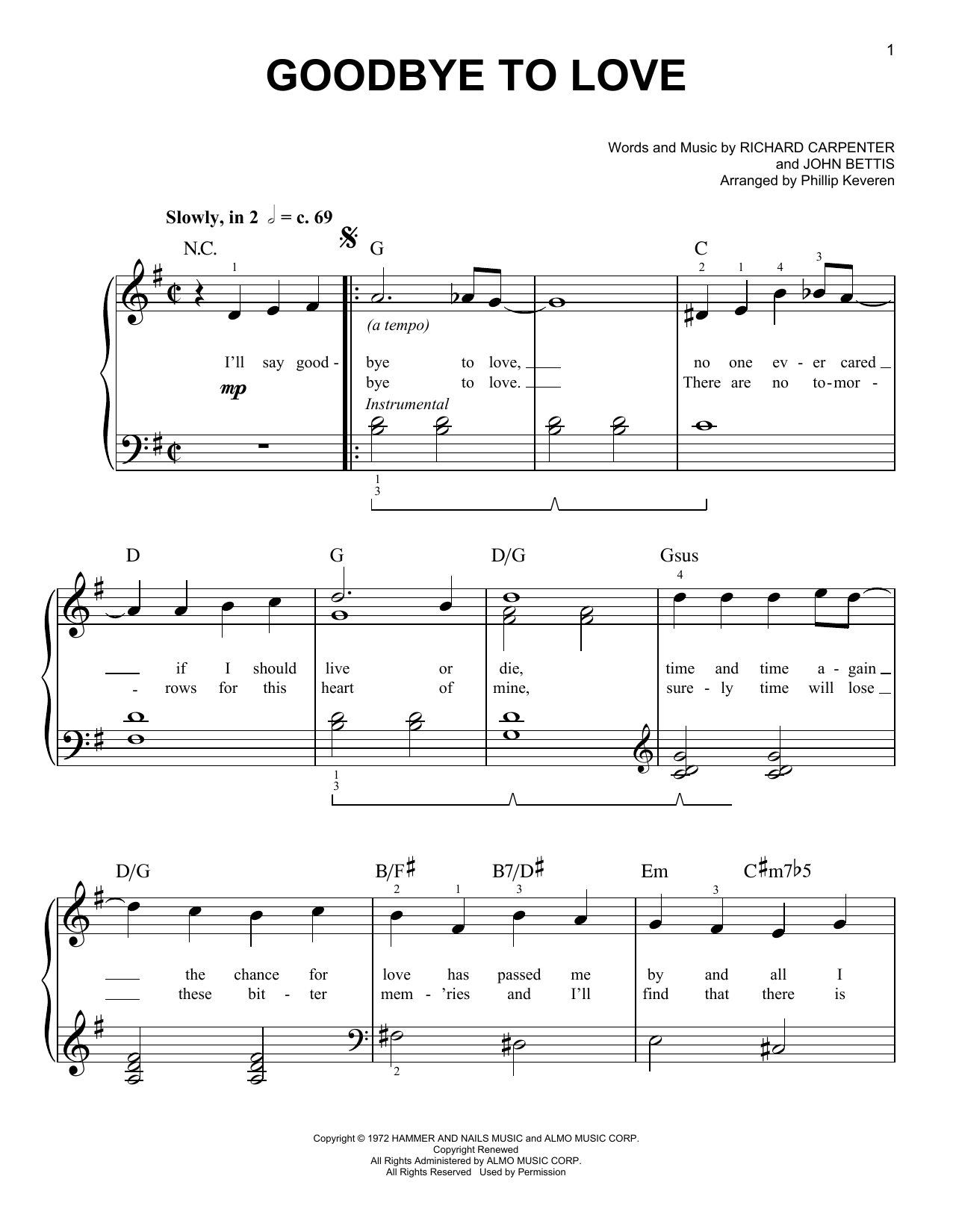 The Carpenters Goodbye To Love (arr. Phillip Keveren) sheet music notes and chords arranged for Piano Solo