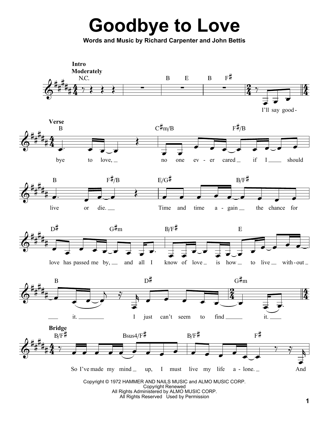 The Carpenters Goodbye To Love sheet music notes and chords arranged for Pro Vocal