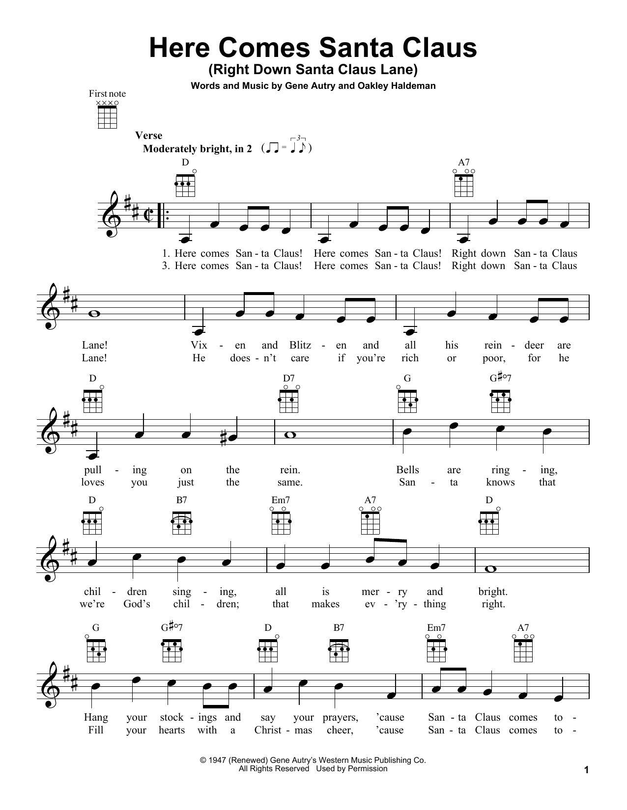 The Carpenters Here Comes Santa Claus (Right Down Santa Claus Lane) sheet music notes and chords arranged for Ukulele