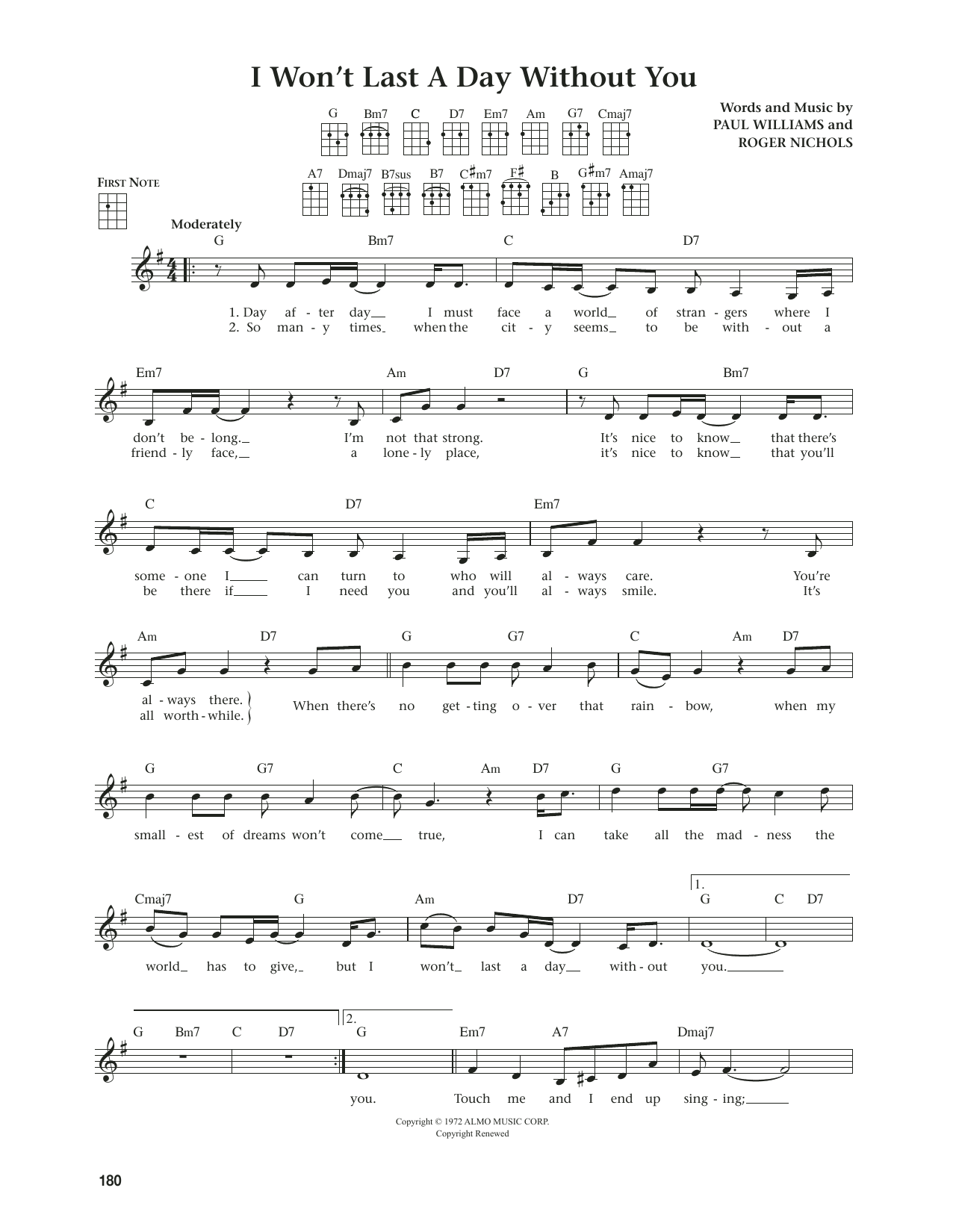 The Carpenters I Won't Last A Day Without You (from The Daily Ukulele) (arr. Jim Beloff) sheet music notes and chords arranged for Ukulele