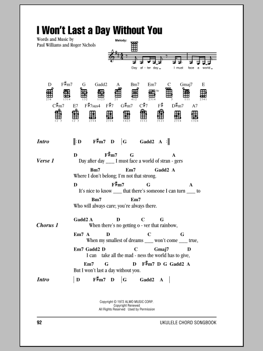 The Carpenters I Won't Last A Day Without You sheet music notes and chords arranged for Ukulele Chords/Lyrics