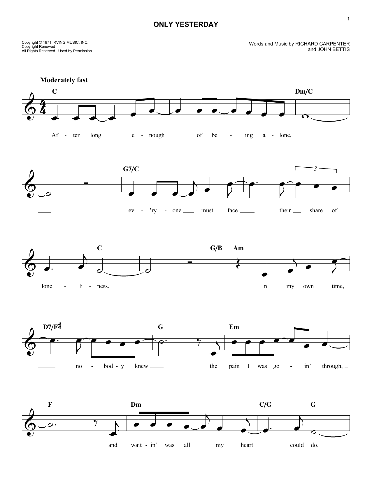 Carpenters Only Yesterday sheet music notes and chords arranged for Easy Lead Sheet / Fake Book