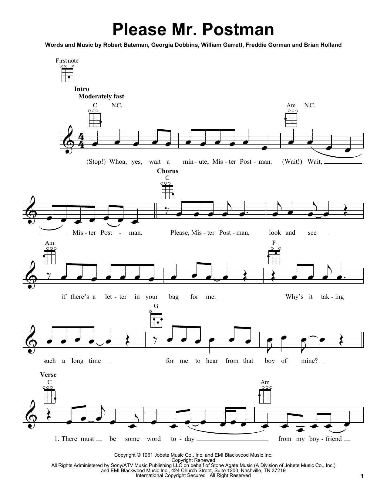 Carpenters Please Mr. Postman sheet music notes and chords arranged for Ukulele