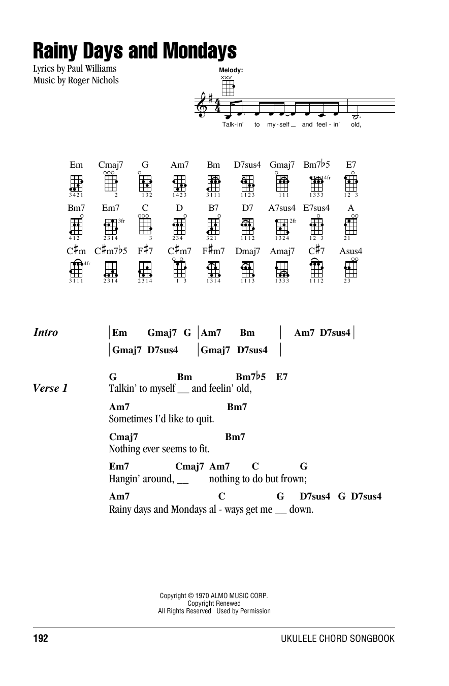 The Carpenters Rainy Days And Mondays sheet music notes and chords arranged for Ukulele Chords/Lyrics