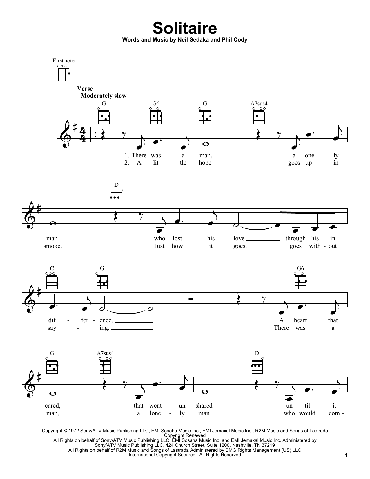 Carpenters Solitaire sheet music notes and chords arranged for Ukulele