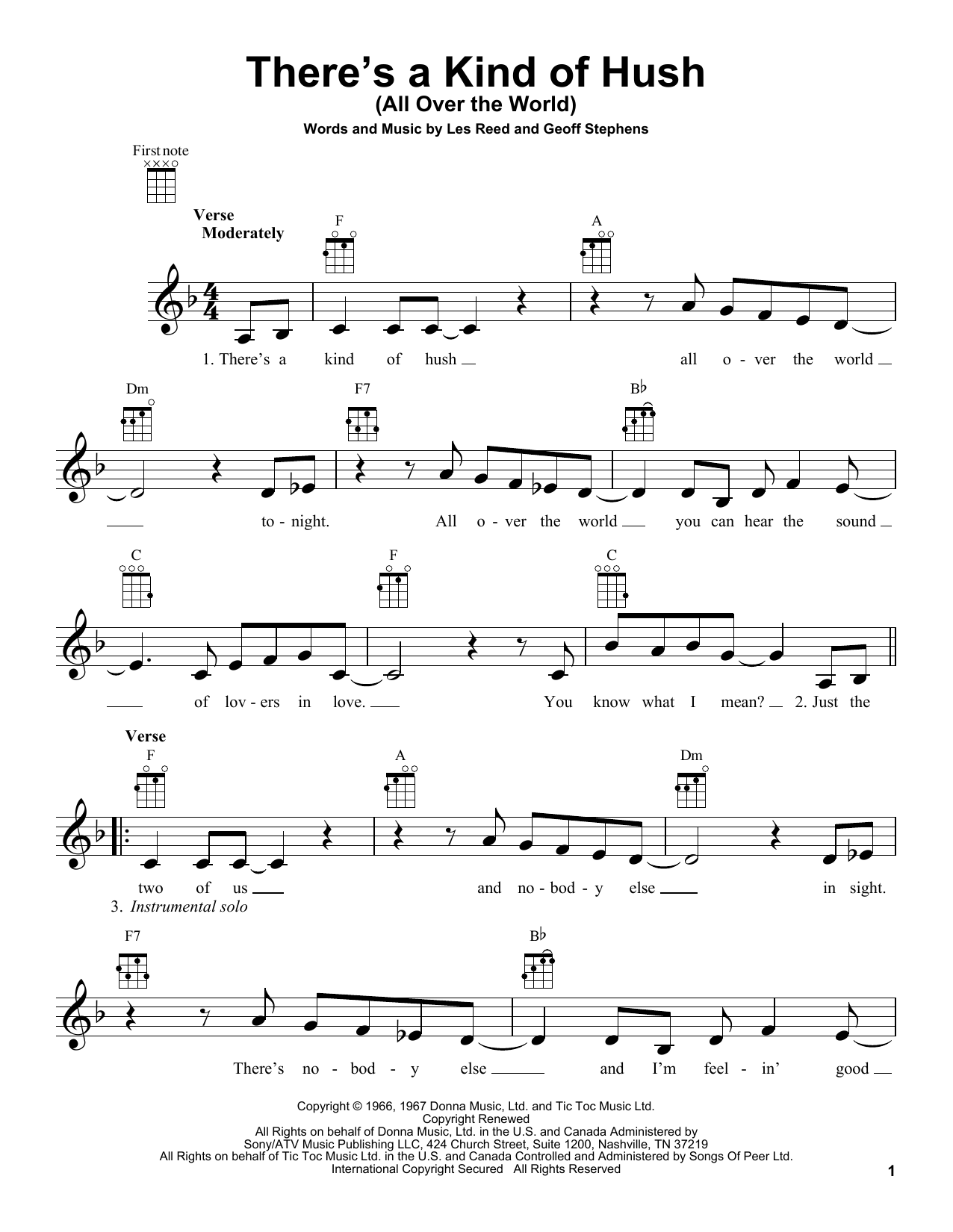 Carpenters There's A Kind Of Hush (All Over The World) sheet music notes and chords arranged for Ukulele