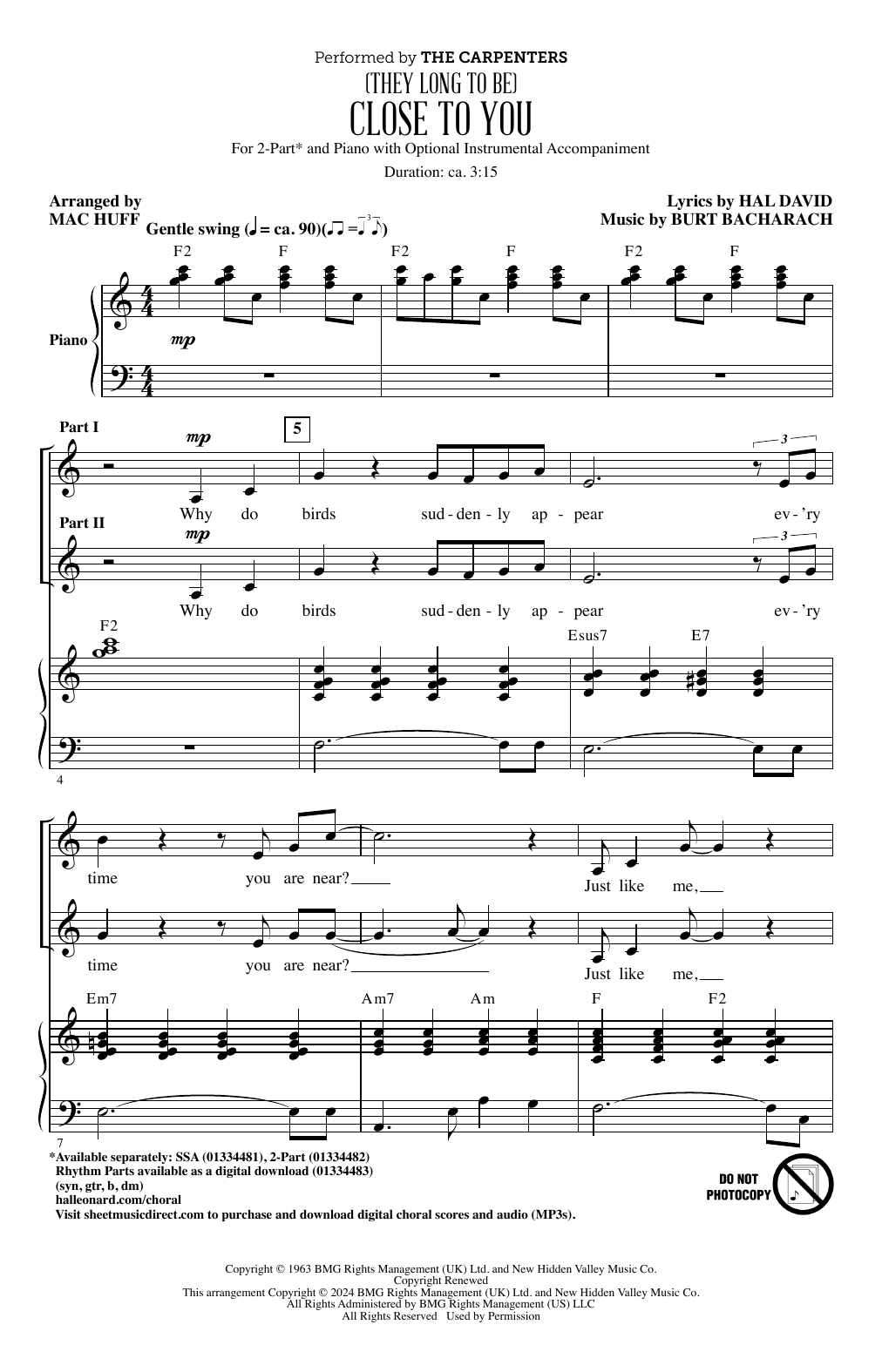The Carpenters (They Long To Be) Close To You (arr. Mac Huff) sheet music notes and chords arranged for 2-Part Choir