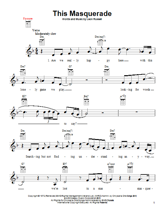 Carpenters This Masquerade sheet music notes and chords arranged for Ukulele