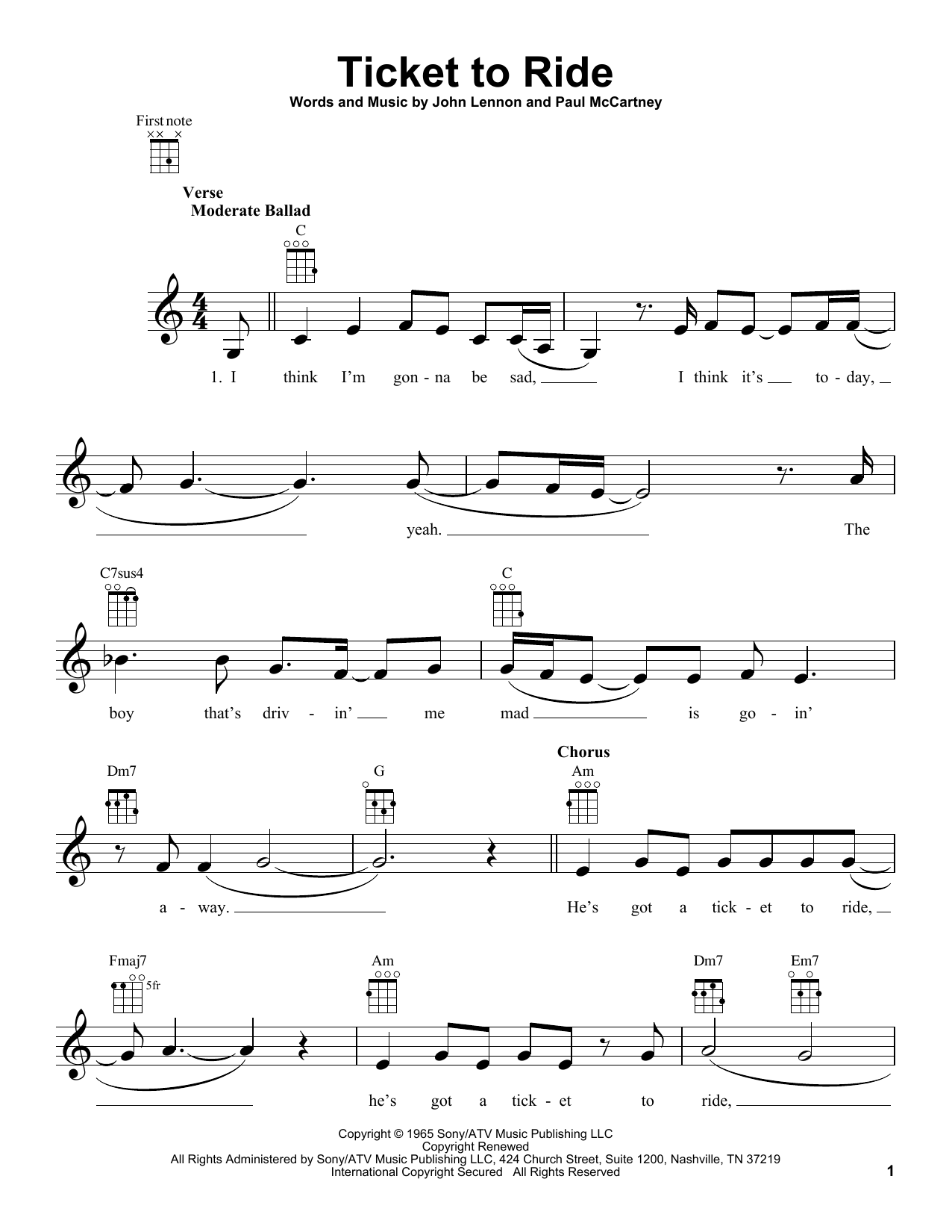Carpenters Ticket To Ride sheet music notes and chords arranged for Ukulele
