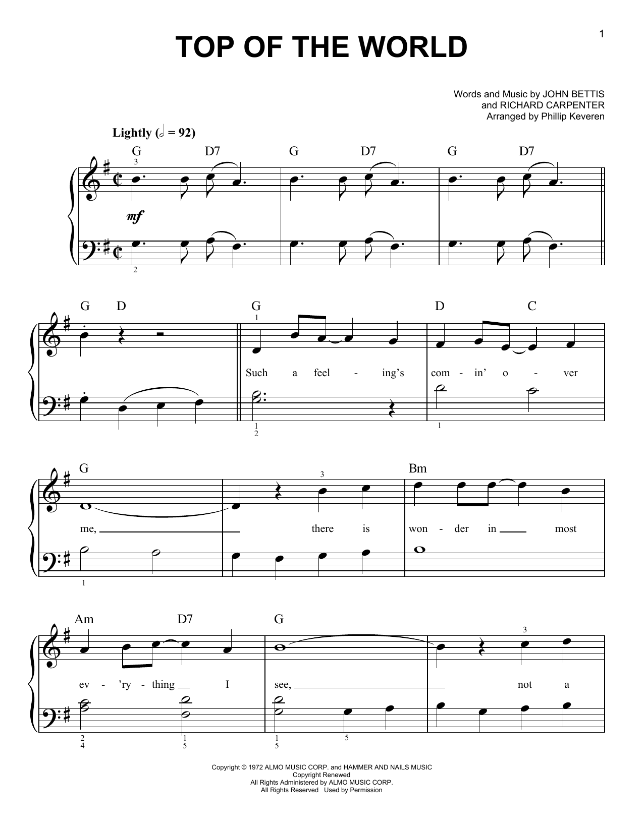 The Carpenters Top Of The World (arr. Phillip Keveren) sheet music notes and chords arranged for Easy Piano