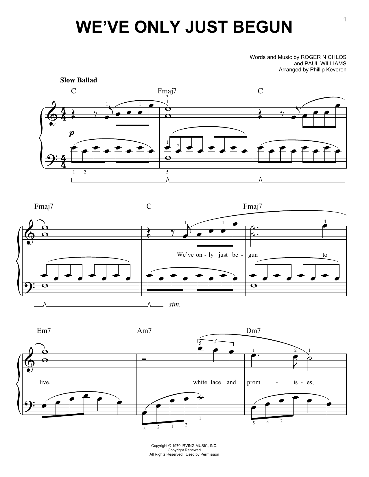 The Carpenters We've Only Just Begun (arr. Phillip Keveren) sheet music notes and chords arranged for Easy Piano