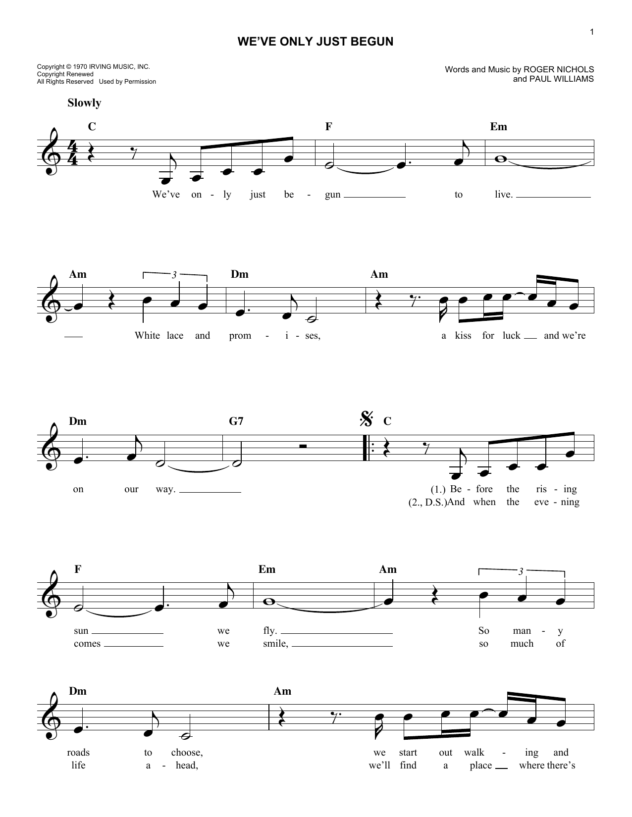The Carpenters We've Only Just Begun sheet music notes and chords arranged for Pro Vocal