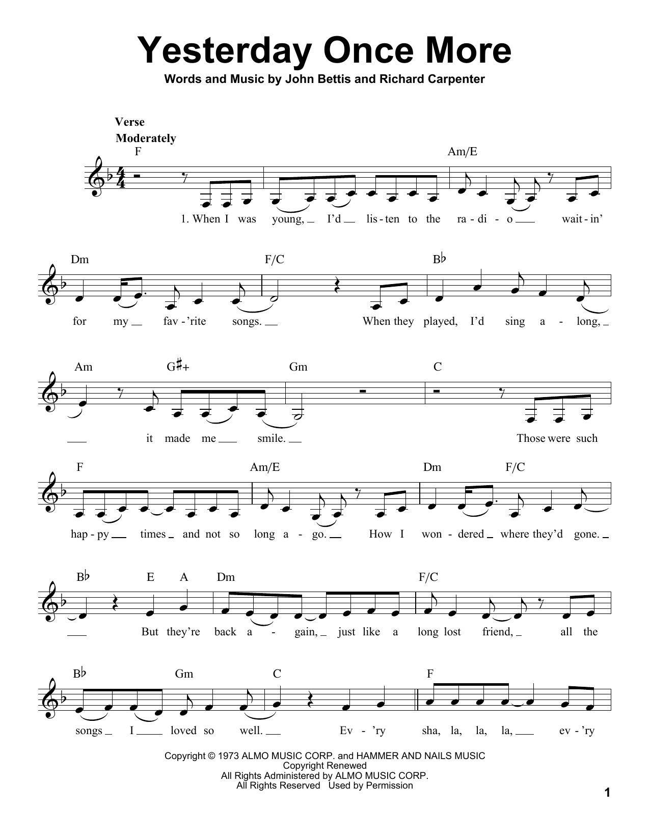 The Carpenters Yesterday Once More sheet music notes and chords arranged for Pro Vocal