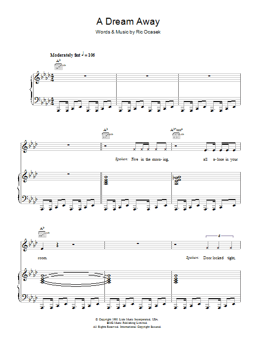 The Cars A Dream Away sheet music notes and chords arranged for Piano, Vocal & Guitar Chords