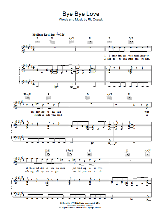 The Cars Bye Bye Love sheet music notes and chords arranged for Piano, Vocal & Guitar Chords