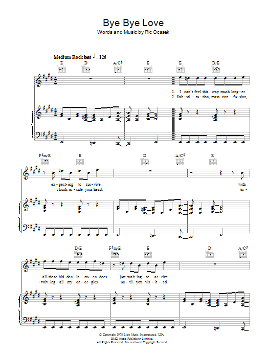 The Cars Bye Bye Love sheet music notes and chords arranged for Piano, Vocal & Guitar Chords (Right-Hand Melody)