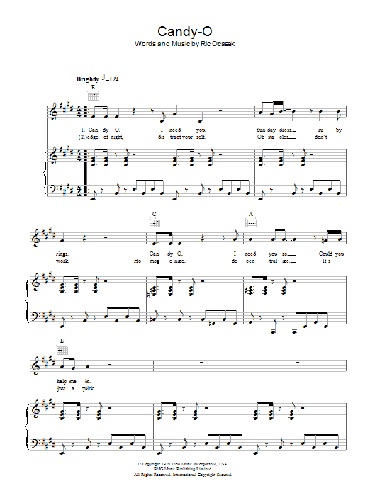 The Cars Candy-O sheet music notes and chords arranged for Piano, Vocal & Guitar Chords