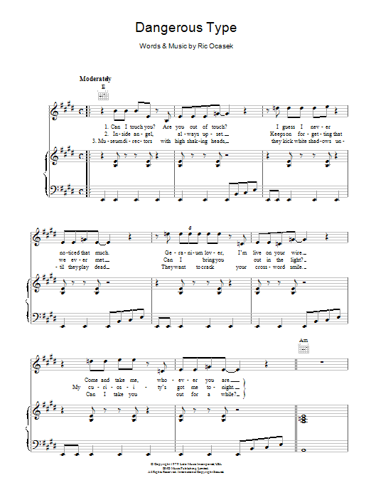 The Cars Dangerous Type sheet music notes and chords arranged for Piano, Vocal & Guitar Chords