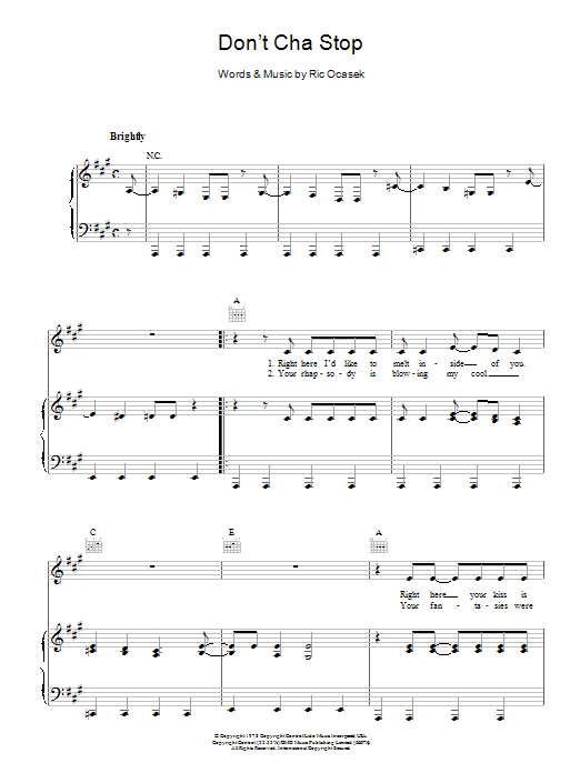 The Cars Don't Cha Stop sheet music notes and chords arranged for Piano, Vocal & Guitar Chords